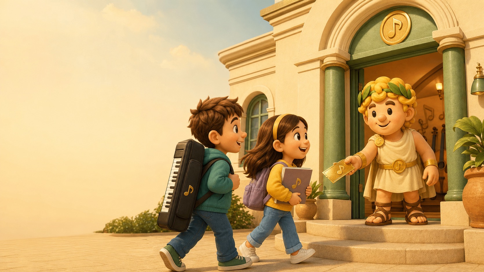 Apollo welcoming new students to a joyful music academy first day