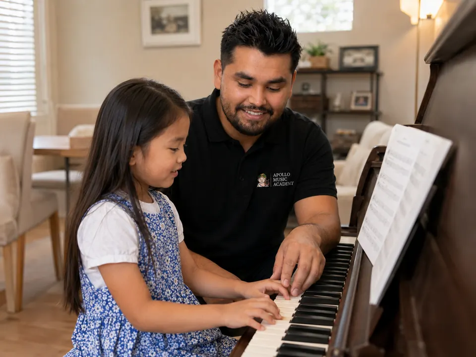 Apollo instructor guiding a young student at the piano.