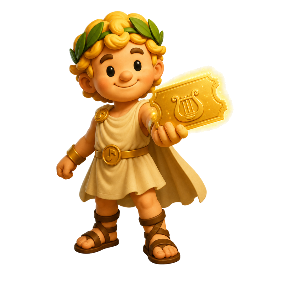 Apollo holding a golden trial ticket.