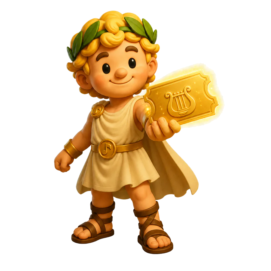 Apollo holding a golden trial ticket.