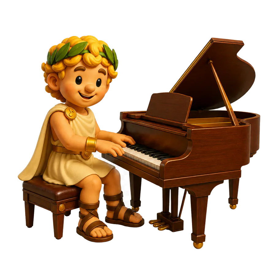 Apollo playing piano at a grand piano.