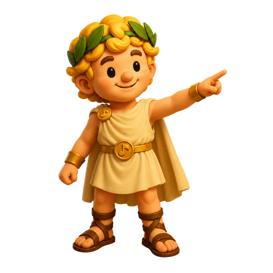 Apollo pointing toward the Apollo music universe.